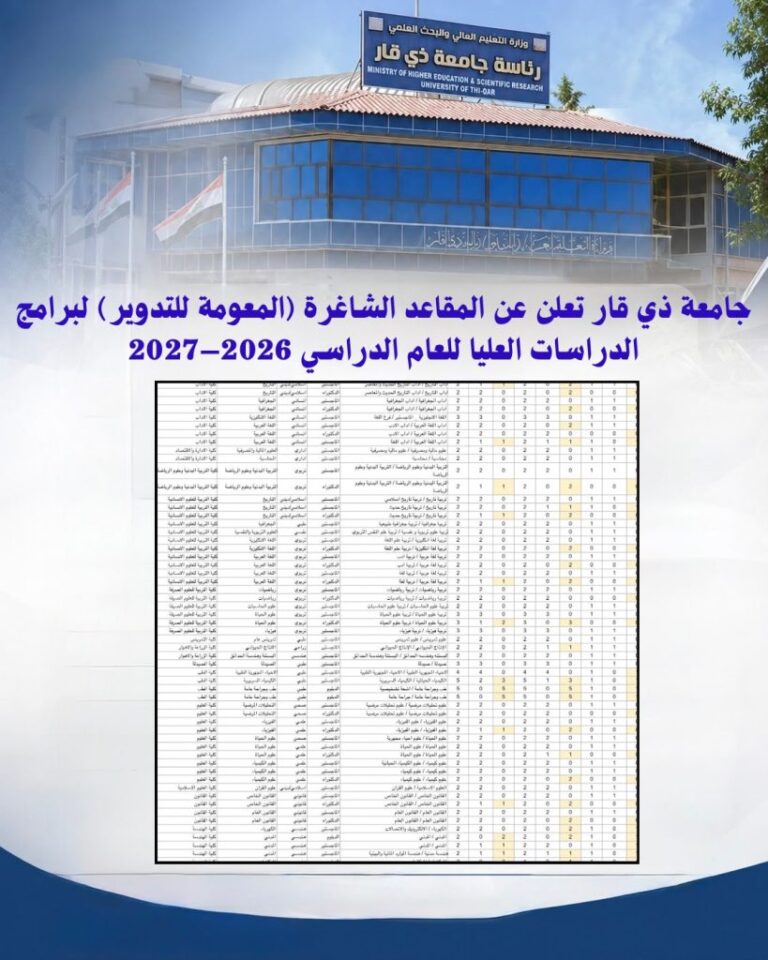 جامعة ذي قار تعلن شواغر الدراسات العليا للتدوير لعام 2026–2027